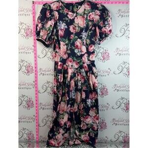 Cindy dress vintage puff sleeve Floral Midi Dress - Navy with Pink Roses